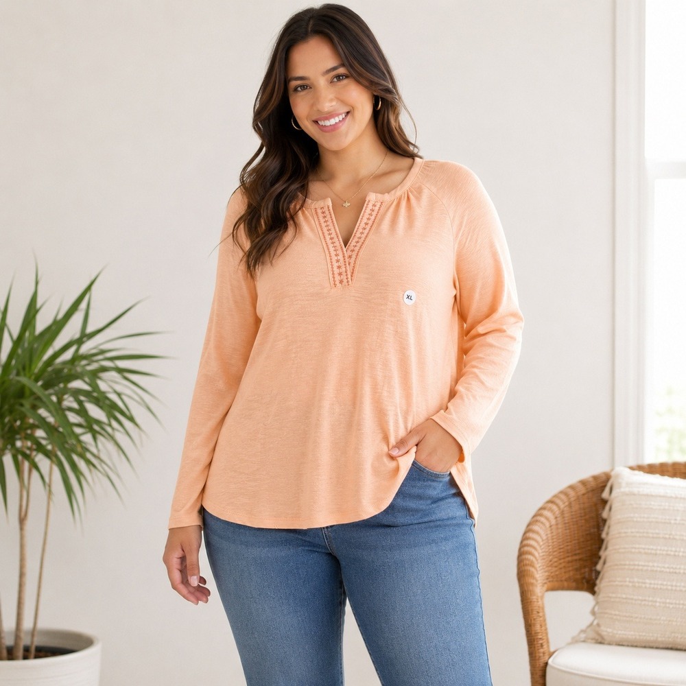 Eddie Bauer Womens XL Peach Slub Cotton Embroidered Split Neck Long‎ Sleeve Top